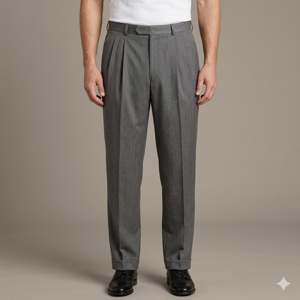 Bachrach Grey Pleated‎ Dress Pants 100% Wool Cuffed Trousers 38x34